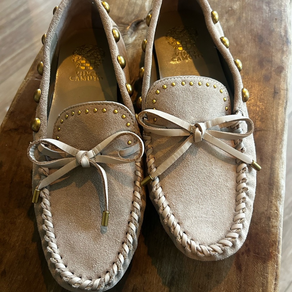 Vince Camuto Taupe Moccasins with Gold Studs